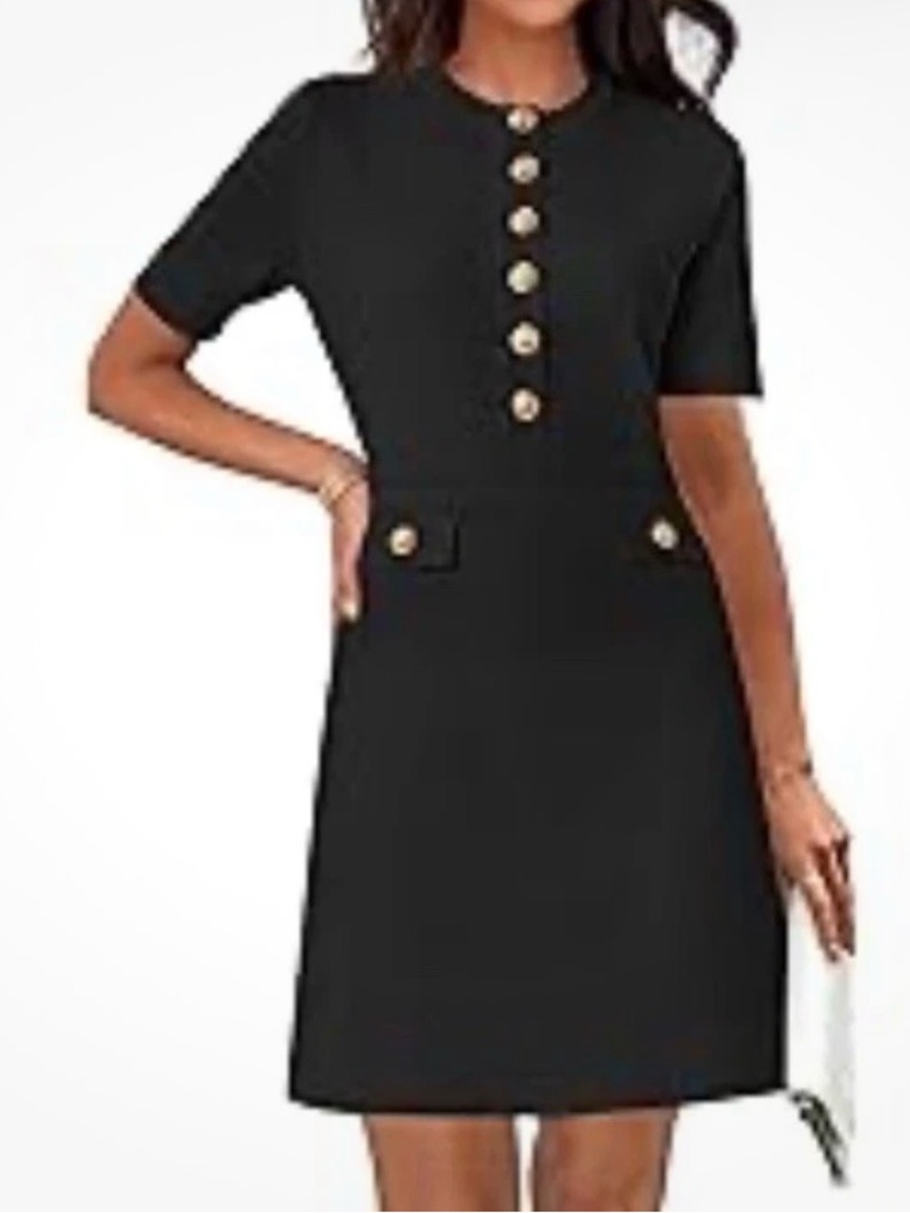 Elegant Black Short-Sleeve Mini Dress with Gold Buttons